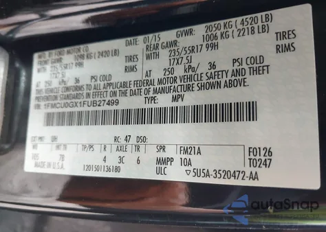 2015 Ford Escape Se from USA, damaged, VIN 1FMCU0GX1FUB27499